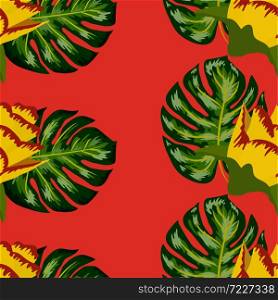 Summer seamless tropical pattern with bright yellow flower and leaves. print with hand drawn exotic plants.. Summer seamless tropical pattern with bright yellow and pink plants and leaves.