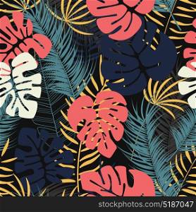 Summer seamless tropical pattern with colorful monstera palm leaves and plants on dark background, vector illustration