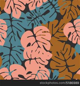 Summer seamless tropical pattern with colorful monstera palm leaves on dark background, vector illustration