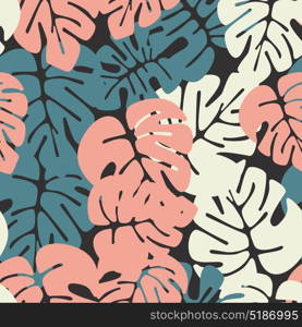 Summer seamless tropical pattern with colorful monstera palm leaves on dark background, vector illustration