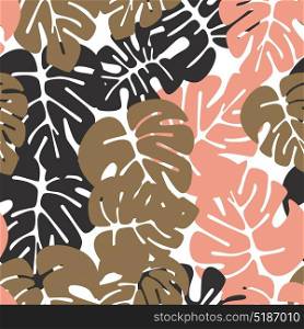 Summer seamless tropical pattern with colorful monstera palm leaves on white background, vector illustration