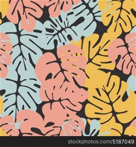 Summer seamless tropical pattern with colorful monstera palm leaves on white background, vector illustration