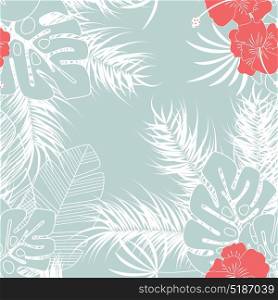 Summer seamless tropical pattern with monstera palm leaves and flowers on blue background, vector illustration