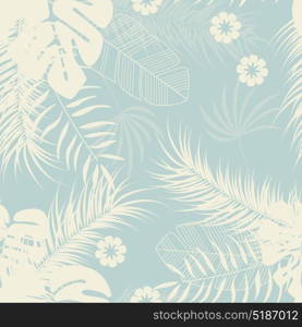 Summer seamless tropical pattern with monstera palm leaves and plants on blue background, vector illustration