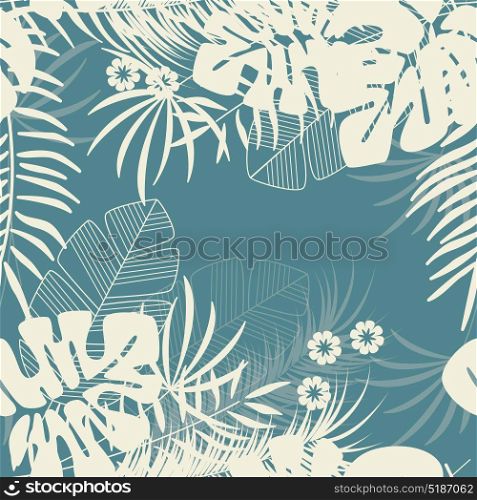 Summer seamless tropical pattern with monstera palm leaves and plants on blue background, vector illustration