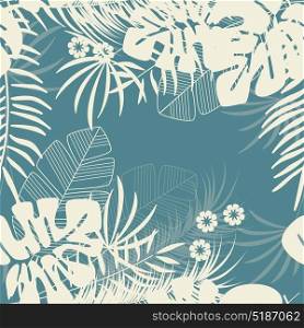 Summer seamless tropical pattern with monstera palm leaves and plants on blue background, vector illustration