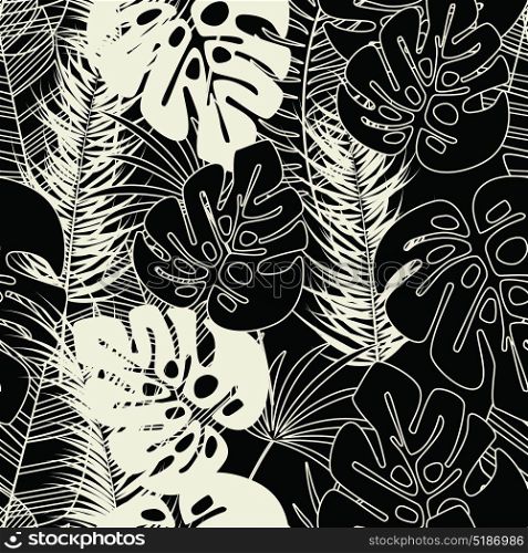 Summer seamless tropical pattern with monstera palm leaves and plants on dark background, vector illustration
