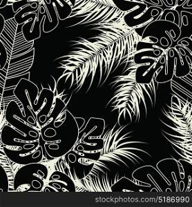 Summer seamless tropical pattern with monstera palm leaves and plants on dark background, vector illustration