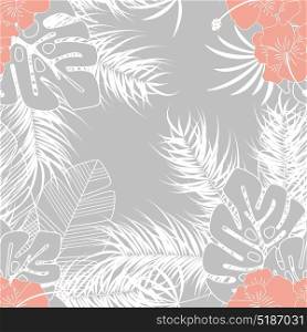 Summer seamless tropical pattern with monstera palm leaves and plants on gray background, vector illustration