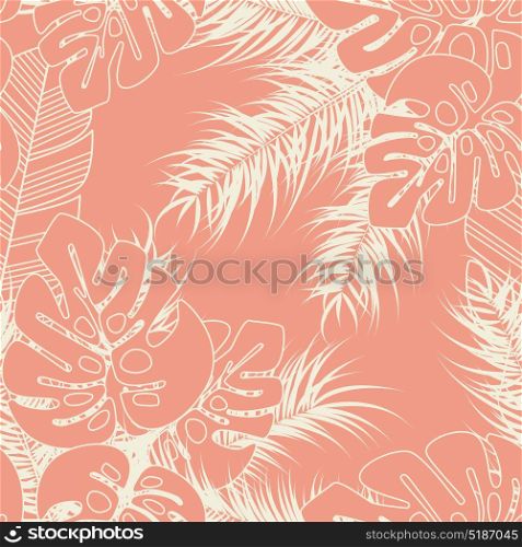 Summer seamless tropical pattern with monstera palm leaves and plants on pink background, vector illustration