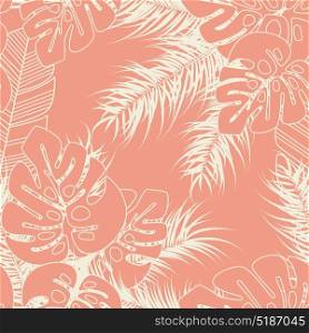 Summer seamless tropical pattern with monstera palm leaves and plants on pink background, vector illustration