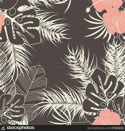 Summer seamless tropical pattern with monstera palm leaves, plants and flowers on brown background, vector illustration