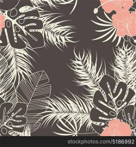 Summer seamless tropical pattern with monstera palm leaves, plants and flowers on brown background, vector illustration