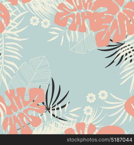 Summer seamless tropical pattern with monstera palm leaves, plants and flowers on blue background, vector illustration