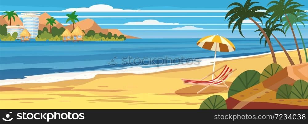 Summer seascape, beach, summer vacation, chaise lounge umbrella on the sea. Summer seascape, beach, summer vacation, chaise lounge umbrella on the sea, palms. Holiday season vacation at sea. Travel leisure background. Template banner ad vector illustration