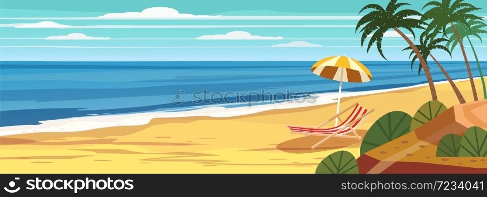 Summer seascape, beach, summer vacation, chaise lounge umbrella on the sea. Summer seascape, beach, summer vacation, chaise lounge umbrella on the sea, palms. Holiday season vacation at sea. Travel leisure background. Template banner ad vector illustration