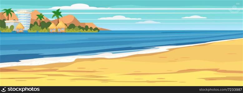 Summer seascape, beach, summer vacation. Holiday season vacation at sea. Summer seascape, beach, summer vacation. Holiday season vacation at sea. Travel leisure background. Template banner ad vector illustration