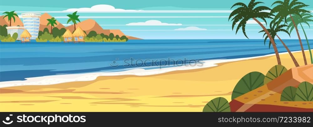 Summer seascape, beach, summer vacation, palms. Holiday season vacation at sea. Summer seascape, beach, summer vacation, palms. Holiday season vacation at sea. Travel leisure background. Template banner ad vector illustration