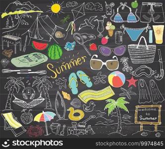 Summer season doodles elements. Hand drawn sketch set with sun, umbrella, sunglasses, palms and hammock, beach, c&ing items and mountains, tent and raft, grill, kite. Drawing doodle, on chalkboard.. Summer season doodles elements. Hand drawn sketch set with sun, umbrella, sunglasses, palms and hammock, beach, c&ing items and mountains, tent and raft, grill, kite. Drawing doodle, on chalkboard