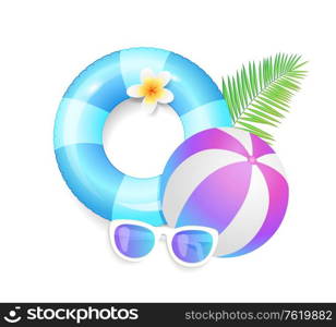 Summer season exotic vacations icons set vector. Rubber lifebuoy and inflatable stripped ball for games. Leaf of tropical plant and sunglasses flowers. Summer Season Exotic Icons Set Vector Illustration