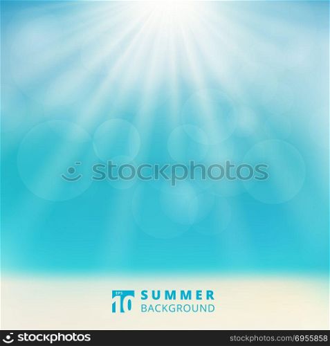 Summer season seascape with sky sunlight bokeh on the beach blurred background. Vector illustration