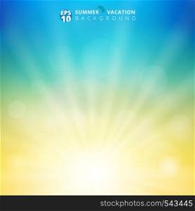 Summer season sunlight with bokeh in the sky blurred background. Nature blur background with radial sunray. Natural ecology concept for your graphic design. Vector illustration