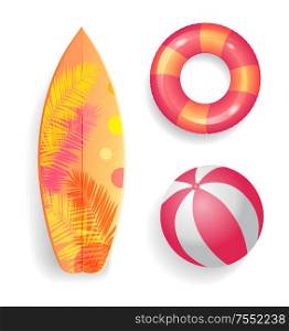 Summer season surfboard set vector. Isolated icons wooden surfing board with palm trees leaves decoration and lifebuoy. Saving ring and gaming rubber ball. Summer Season Surfboard Set Vector Illustration