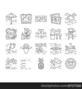 summer season vacation nature icons set vector. holiday travel, sun beach, poster sea, tropical sale, party, hot discount promotion summer season vacation nature black contour illustrations. summer season vacation nature icons set vector