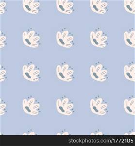 Summer seasonal seamless pattern with white doodle naive flowers shapes. Pastel blue background. Designed for fabric design, textile print, wrapping, cover. Vector illustration.. Summer seasonal seamless pattern with white doodle naive flowers shapes. Pastel blue background.