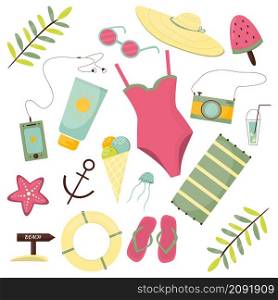 Summer set, accessories. Modern vector flat image design isolated on white background.Cartoon flat.. Summer set, accessories. Modern vector flat image design isolated on white background.