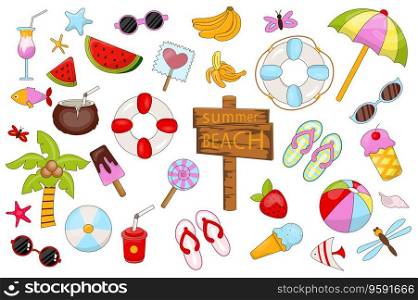 Summer set graphic elements in flat design. Bundle of beach pointer, tropical palm, ice cream, cocktail, watermelon, sunglasses, banana, lolly, lifebuoy and other. Vector illustration isolated objects