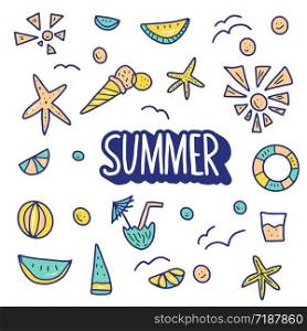 Summer set of elements. Handwritten lettering with summer symbols in doodle style. Text and design decoration. Vector color illustration.