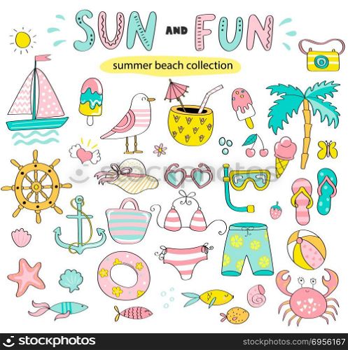 Summer set of sun and fun hand drawn elements such as boat,sun,drinks and fish,crab,palm for holiday,travel and beach vacation. Perfect for web,card,poster,cover,tag,invitation,sticker.Vector illustration.. Summer set of sun and fun hand drawn elements.