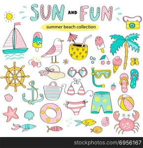 Summer set of sun and fun hand drawn elements such as boat,sun,drinks and fish,crab,palm for holiday,travel and beach vacation. Perfect for web,card,poster,cover,tag,invitation,sticker.Vector illustration.. Summer set of sun and fun hand drawn elements.