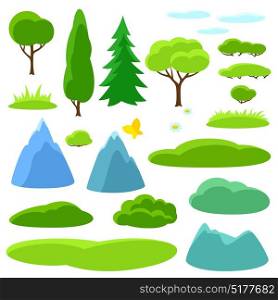 Summer set of trees, mountains and hills. Seasonal collection. Summer set of trees, mountains and hills. Seasonal collection.