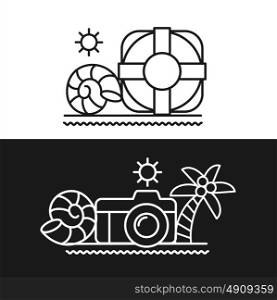 Summer. Set of vector emblems. Lifeline, camera, sea, seashell, palm tree, sun. The linear vector.