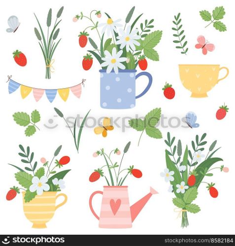 Summer set with cups, watering can bouquets, chamomile, strawberry, butterflies in flat cartoon style. Vector illustration isolated on white background.. Summer set with cups, watering can bouquets, chamomile, strawberry, butterflies in flat cartoon style.