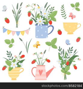 Summer set with cups, watering can bouquets, chamomile, strawberry, butterflies in flat cartoon style. Vector illustration isolated on white background.. Summer set with cups, watering can bouquets, chamomile, strawberry, butterflies in flat cartoon style.