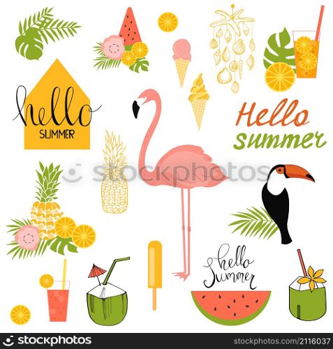 Summer set with flamingo,toucan and tropical plants. Vector illustration