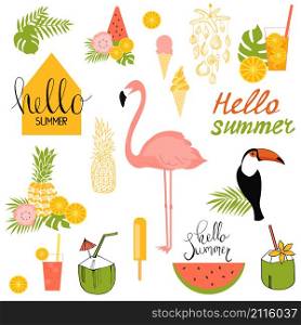 Summer set with flamingo,toucan and tropical plants. Vector illustration
