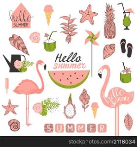 Summer set with flamingo, tropical plants and ice cream.Vector illustration