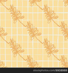 Summer simple floral branch ornament seamless pattern. Orange contoured print with light chequered background. Great for wallpaper, textile, wrapping paper, fabric print. Vector illustration.. Summer simple floral branch ornament seamless pattern. Orange contoured print with light chequered background.