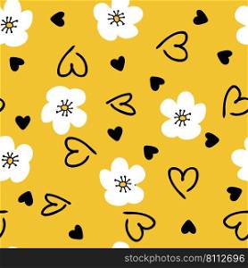 Summer simple retro seamless pattern with flowers and hearts. Hippie aesthetic print for fabric, paper, T-shirt. Romantic vector illustration for decor and design.