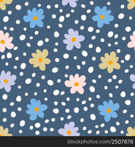 Summer simple seamless pattern with multicolour flowers and spots. Groovy hippie aesthetic print for fabric, paper, T-shirt. Doodle vector illustration for decor and design.