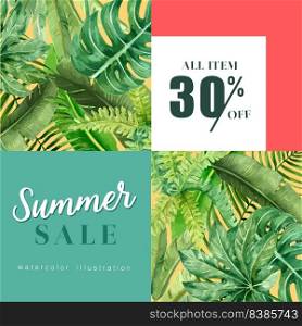 Summer social media advertising  holiday on sale discount. vacation time, creative watercolor vector illustration design