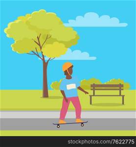Summer sport activities in park, boy wearing helmet on skateboard. Vector teenager character skating, skater in casual clothes, green trees and bench. Summer Sport Activities in Park, Boy on Skateboard