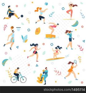 Summer Sport Activities Seamless Pattern. Men Women Sportsmen Workout. Swimming, Basketball, Biking, Athletics, Gymnastics Exercises, Surfing, Golf, Weightlifting. Cartoon Flat Vector Illustration. Summer Sport Activities Seamless Pattern, Print