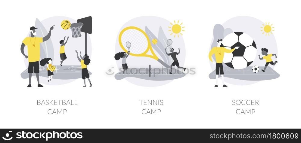 Summer sport camp abstract concept vector illustration set. Basketball, tennis and soccer camp for children, active vacation, kids playing, youth sport program, physical activity abstract metaphor.. Summer sport camp abstract concept vector illustrations.