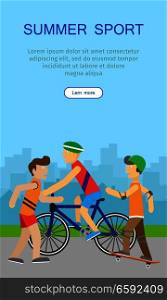 Summer sport. Children going in for sport web banner. Teenagers on playground of urban city. Skyscrapers silhouettes on the background. Boy skateboarding, guy on bike and runner. Active way of life concept. Vector. Children Going in for Sport Web Banner Poster.