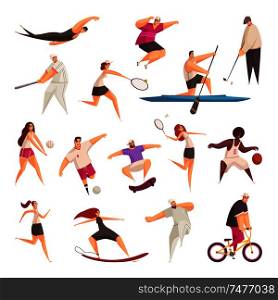 Summer sport set of isolated doodle style human characters of sportspeople with implements on blank background vector illustration
